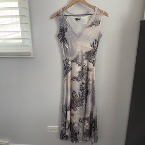 Komarov Small Midi Sleeveless Dress V Neck Crinkle Cheetah Animal Print Ivory